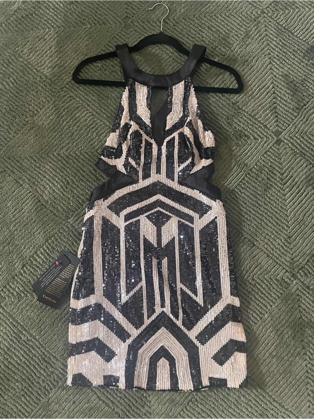 bebe Black and Silver Geometric Sequin Mini Dress